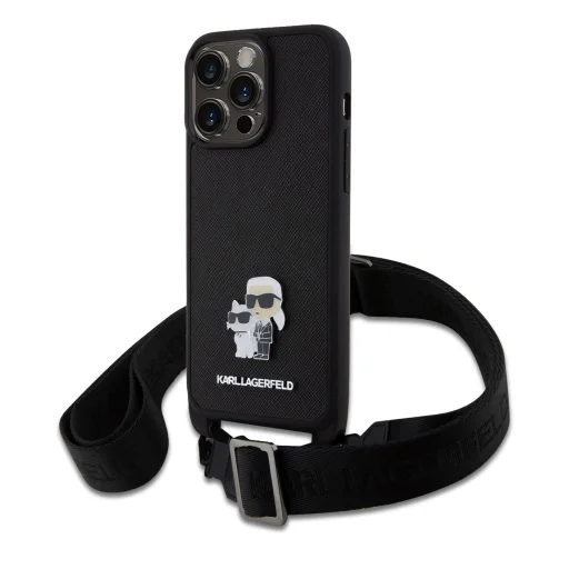 iPhone 15 Pro Max Karl Lagerfeld Saffiano Crossbody Metal Karl a Choupette puzdro na telefón čierne - 1