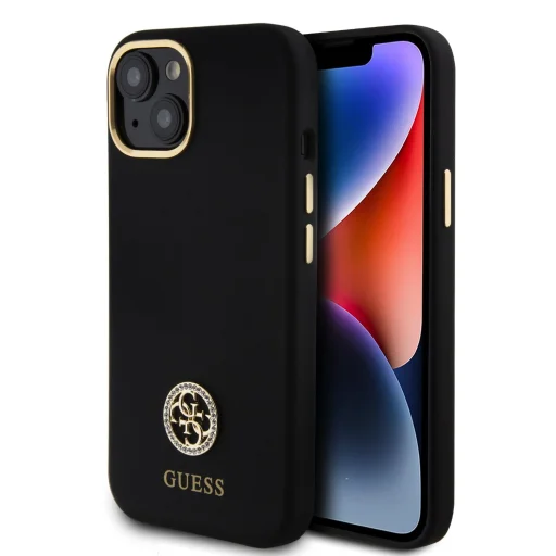 iPhone 15 Guess Liquid Silicone 4G Strass Metal Logo tok fekete (GUHCP15SM4DGPK) - 1
