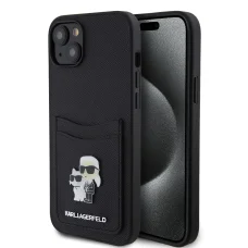  iPhone 15 Fekete Karl Lagerfeld KLHCP15SSAPKCNPK PU Saffiano Kártyatartó fém Karl és Choupette tok