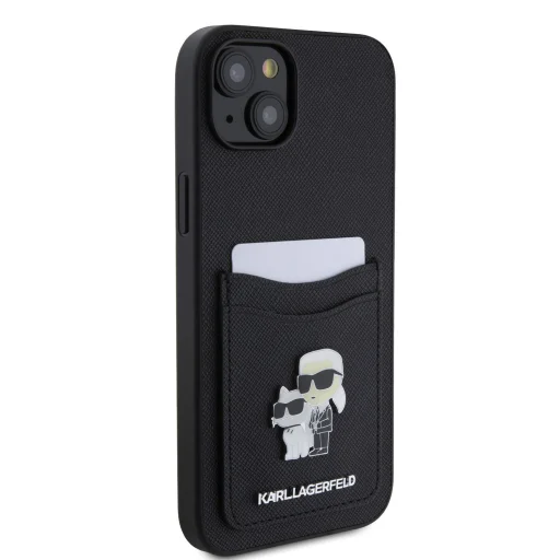  iPhone 15 Fekete Karl Lagerfeld KLHCP15SSAPKCNPK PU Saffiano Kártyatartó fém Karl és Choupette tok - 4