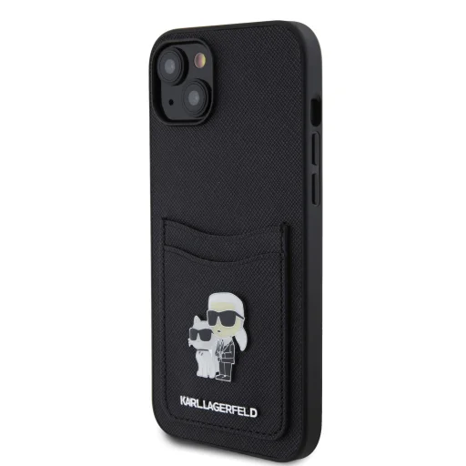  iPhone 15 Fekete Karl Lagerfeld KLHCP15SSAPKCNPK PU Saffiano Kártyatartó fém Karl és Choupette tok - 2