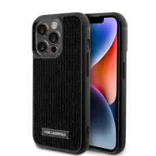  iPhone 15 Pro Karl Lagerfeld Rhinestone Plate Metal Logo KLHCP15LHDSPLK tok fekete