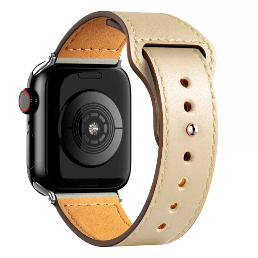 Apple Watch 1/2/3/4/5/6/7/8/9/SE/Ultra (42/44/45/49mm) TRPH bőr óraszíj krém - 1