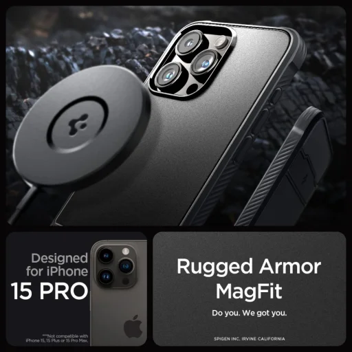 iPhone 15 Pro Spigen Rugged Armor Mag MagSafe tok matt fekete (ACS06703) - 11