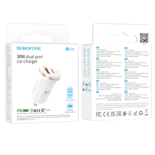 Borofone BZ22 autós töltő USB + Type C QC 3.0 PD 30W fehér - 5