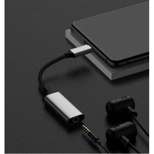 USB Type C - 3.5mm jack átalakító adapter (DAC) 10cm, szürke 24bit 96KHz, TRRS - 3