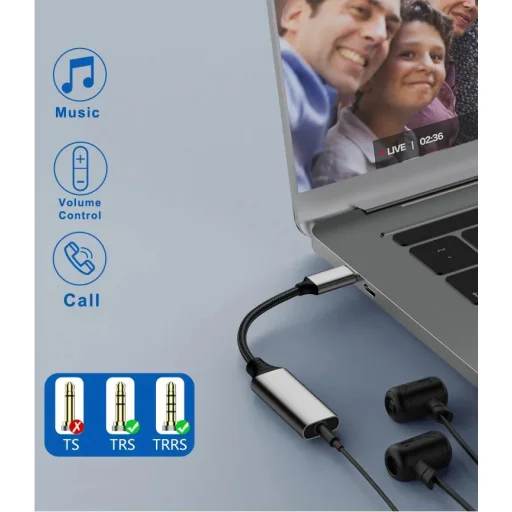 USB Type C - 3.5mm jack átalakító adapter (DAC) 10cm, szürke 24bit 96KHz, TRRS - 6