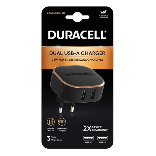 Duracell hálózati töltő adapter 2xUSB 2.4A 24W fekete - 2