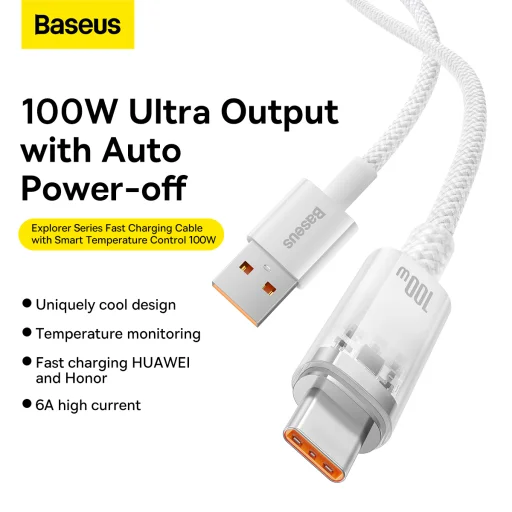Baseus Quick Charge USB-C gyorstöltő kábel 6A, 1m fehér - 8