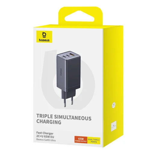 Baseus GaN5 hálózati töltő adapter 2x USB-C + USB, 65W + kábel 1m szürke - 7
