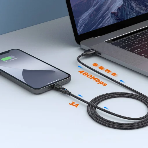 Mágneses kábel 3 az 1-ben 3A 1 m USB - USB-C + iPhone Lightning + Micro USB (állítható szög) fekete - 3