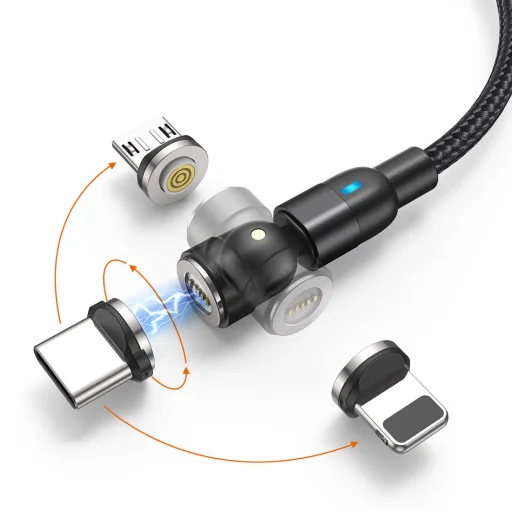 Mágneses kábel 3 az 1-ben 3A 1 m USB - USB-C + iPhone Lightning + Micro USB (állítható szög) fekete - 6