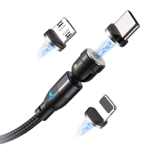 Mágneses kábel 3 az 1-ben 3A 1 m USB - USB-C + iPhone Lightning + Micro USB (állítható szög) fekete - 1