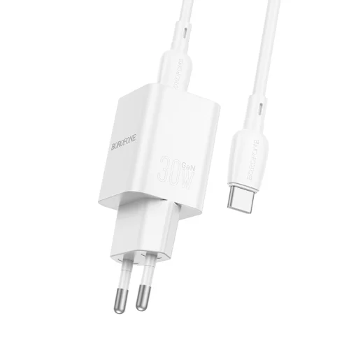 Borofone BN14 Royal GaN USB + Type C hálózati töltő adapter QC 3.0 PD 30W + Type C - Type C kábel fehér - 2