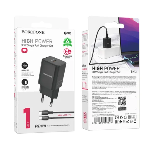 Borofone Safety BN13 GaN hálózati töltő adapter Type C PD 30W + Type C - Type C kábel fekete - 3