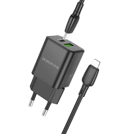 Borofone BN14 Royal GaN USB + Type C hálózati töltő adapter QC 3.0 PD 30W + Type C - Lightning kábel fekete - 1