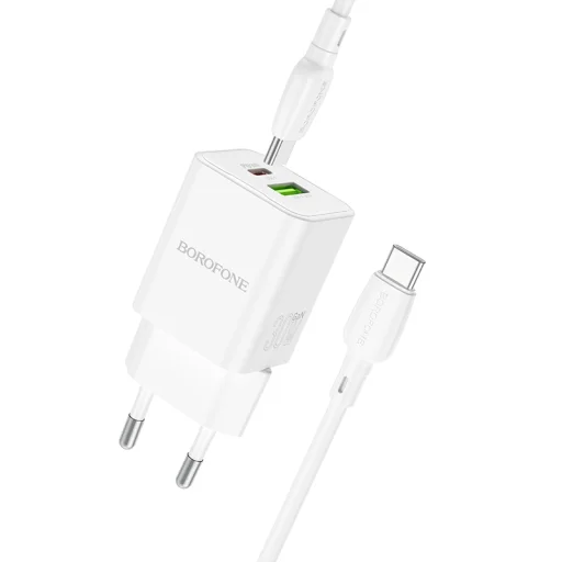 Borofone BN14 Royal GaN USB + Type C hálózati töltő adapter QC 3.0 PD 30W + Type C - Type C kábel fehér - 1