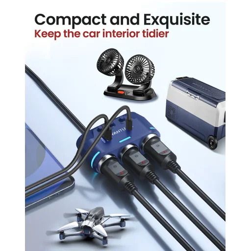 Autós töltő B39-C 3 aljzat + USB + Type C QC 3.0 PD 3A 120W kijelzővel - 3