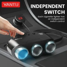 Autós töltő LM21 3 aljzat + USB + Type C QC 3.0 PD 3A 122W kijelzővel