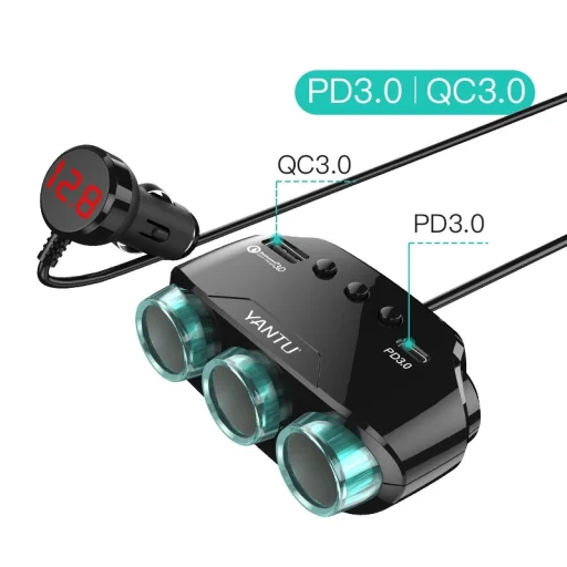 Autós töltő LM21 3 aljzat + USB + Type C QC 3.0 PD 3A 122W kijelzővel - 3