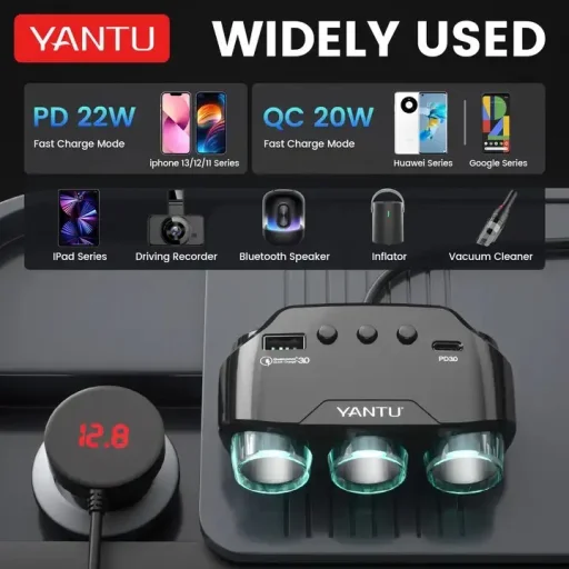 Autós töltő LM21 3 aljzat + USB + Type C QC 3.0 PD 3A 122W kijelzővel - 6