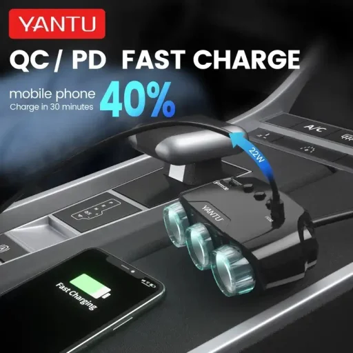 Autós töltő LM21 3 aljzat + USB + Type C QC 3.0 PD 3A 122W kijelzővel - 7