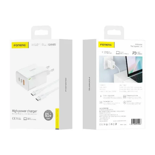 Foneng GAN65 hálózati töltő adapter 1x USB-A, 2x USB-C GaN 65W QC3.0 + USB-C - USB-C kábel - 2