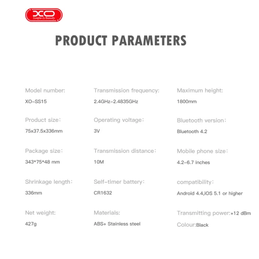 XO selfie bot Bluetooth mobiltelefon állvány SS15 fekete 180cm ​ - 6