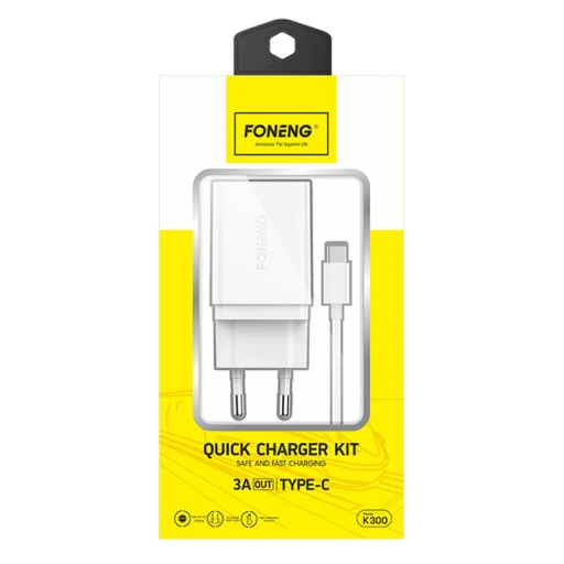 Foneng K300 USB-A hálózati töltő adapter + USB-A - USB-C kábel (fehér) - 3