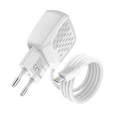 Foneng EU25 hálózati töltő adapter 2x USB-A 2.4A beépített Lightning kábellel (fehér)