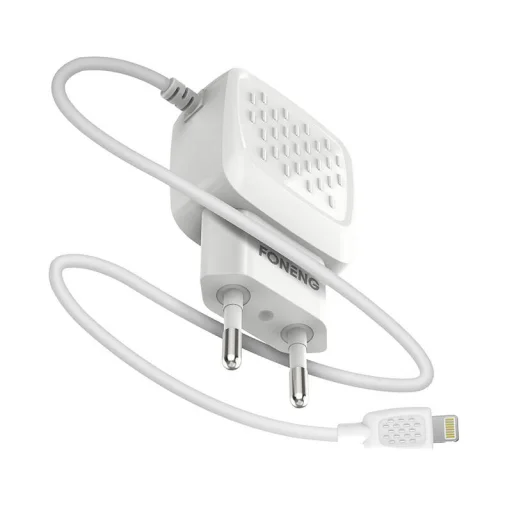 Foneng EU25 hálózati töltő adapter 2x USB-A 2.4A beépített Lightning kábellel (fehér) - 3