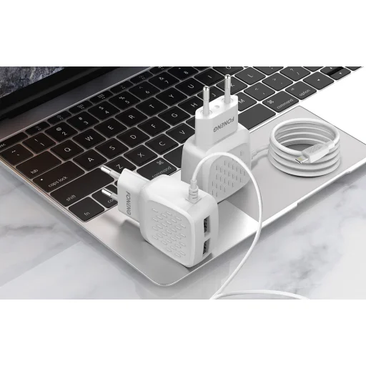 Foneng EU25 hálózati töltő adapter 2x USB-A 2.4A beépített Lightning kábellel (fehér) - 4