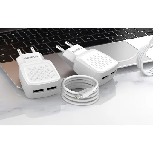 Foneng EU25 hálózati töltő adapter 2x USB-A 2.4A beépített Lightning kábellel (fehér) - 5