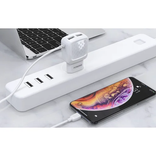 Foneng EU25 hálózati töltő adapter 2x USB-A 2.4A beépített Lightning kábellel (fehér) - 6