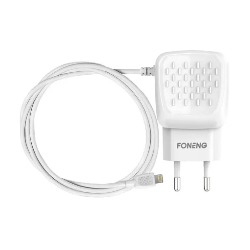 Foneng EU25 hálózati töltő adapter 2x USB-A 2.4A beépített Lightning kábellel (fehér) - 7