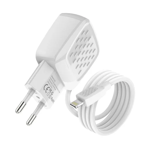 Foneng EU25 hálózati töltő adapter 2x USB-A 2.4A beépített Lightning kábellel (fehér) - 1