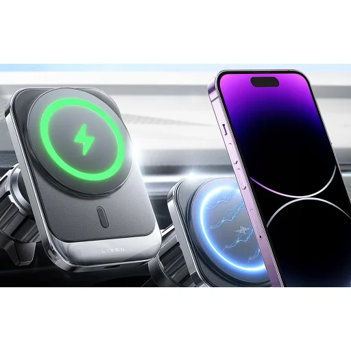 Lisen mágnes autós telefontartó vezeték nélküli töltéssel szellőzőre (fekete) magsafe kompatibilis - 3