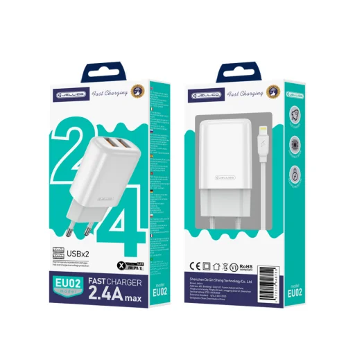 Jellico EU02 hálózati töltő adapter 2.4A 12W 2xUSB + Lightning kábel fehér - 2