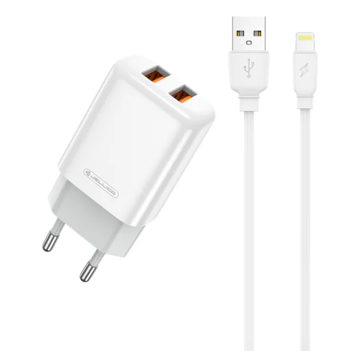 Jellico EU02 hálózati töltő adapter 2.4A 12W 2xUSB + Lightning kábel fehér - 1