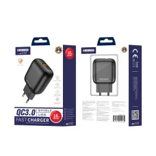 Jellico C32 hálózati töltő adapter 18W USB QC3.0 + Type C kábel fekete
