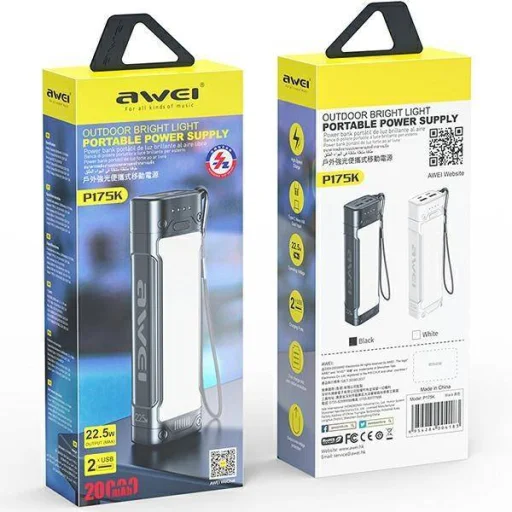 AWEI (P175K) Powerbank 20000mAh 22,5W 2xUSB + PD + LED lámpa fekete - 3