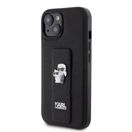  iPhone 15 Fekete Karl Lagerfeld Saffiano Grip Stand Metal Logo tok - 3