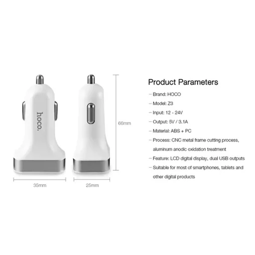 Hoco Z3 szivargyújtós autós töltő 2xUSB 3,1A fehér - 10