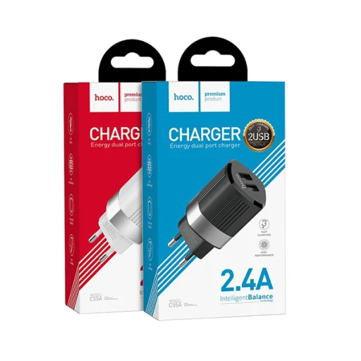 Hoco hálózati, USB fali töltő adapter 2xUSB csatlakozóval 2,4A fehér - 5