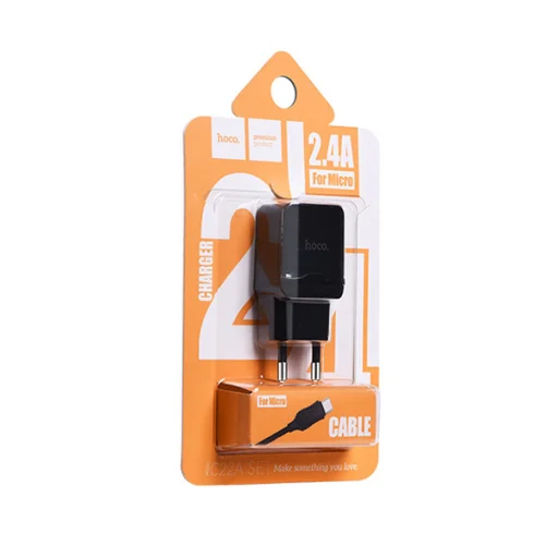 Hoco hálózati, USB fali töltő adapter Micro USB kábellel USB csatlakozóval 2,4A fekete - 2