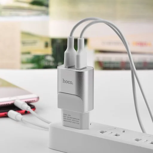 Hoco hálózati, USB fali töltő adapter 2xUSB csatlakozóval 2,1A ezüst - 4