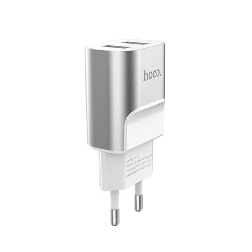 Hoco hálózati, USB fali töltő adapter 2xUSB csatlakozóval 2,1A ezüst - 1
