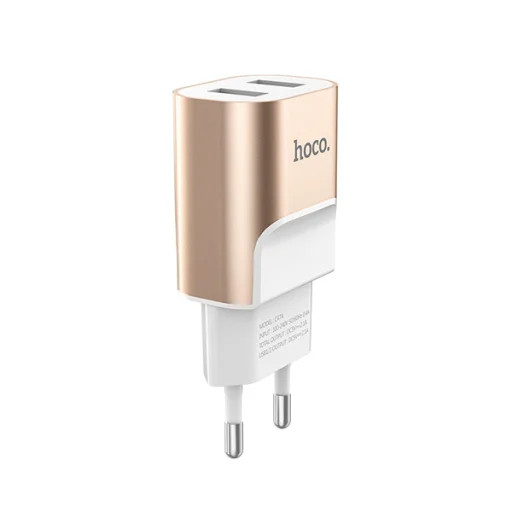 Hoco hálózati, USB fali töltő adapter 2xUSB csatlakozóval 2,1A arany - 1