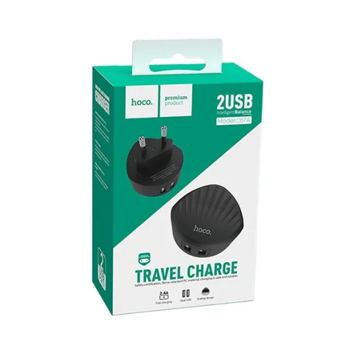 Hoco C67A hálózati, USB fali töltő adapter 2xUSB csatlakozóval 2,4A fekete - 6