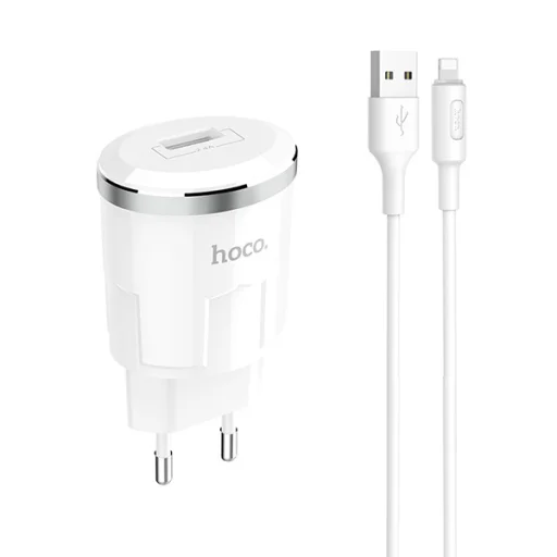 Hoco hálózati, USB fali töltő adapter 1xUSB aljzattal 2,4A 12W lightning kábellel fehér - 5